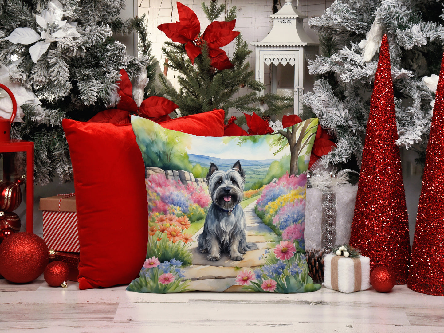 Skye Terrier Spring Path Throw Pillow