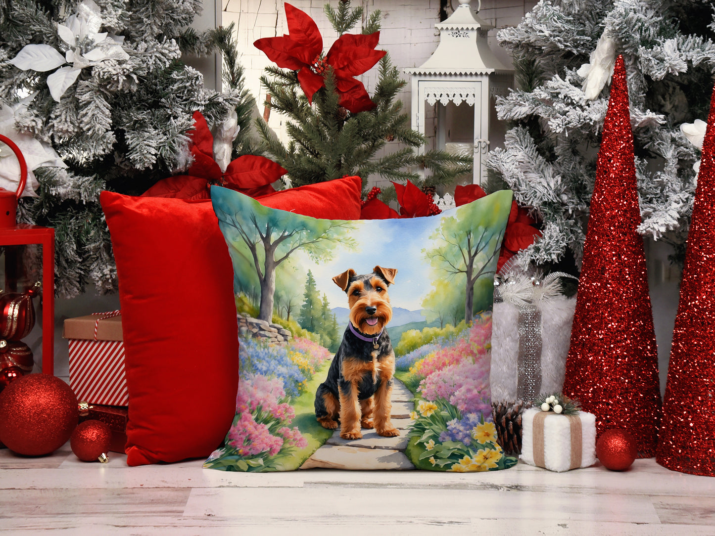 Welsh Terrier Spring Path Throw Pillow