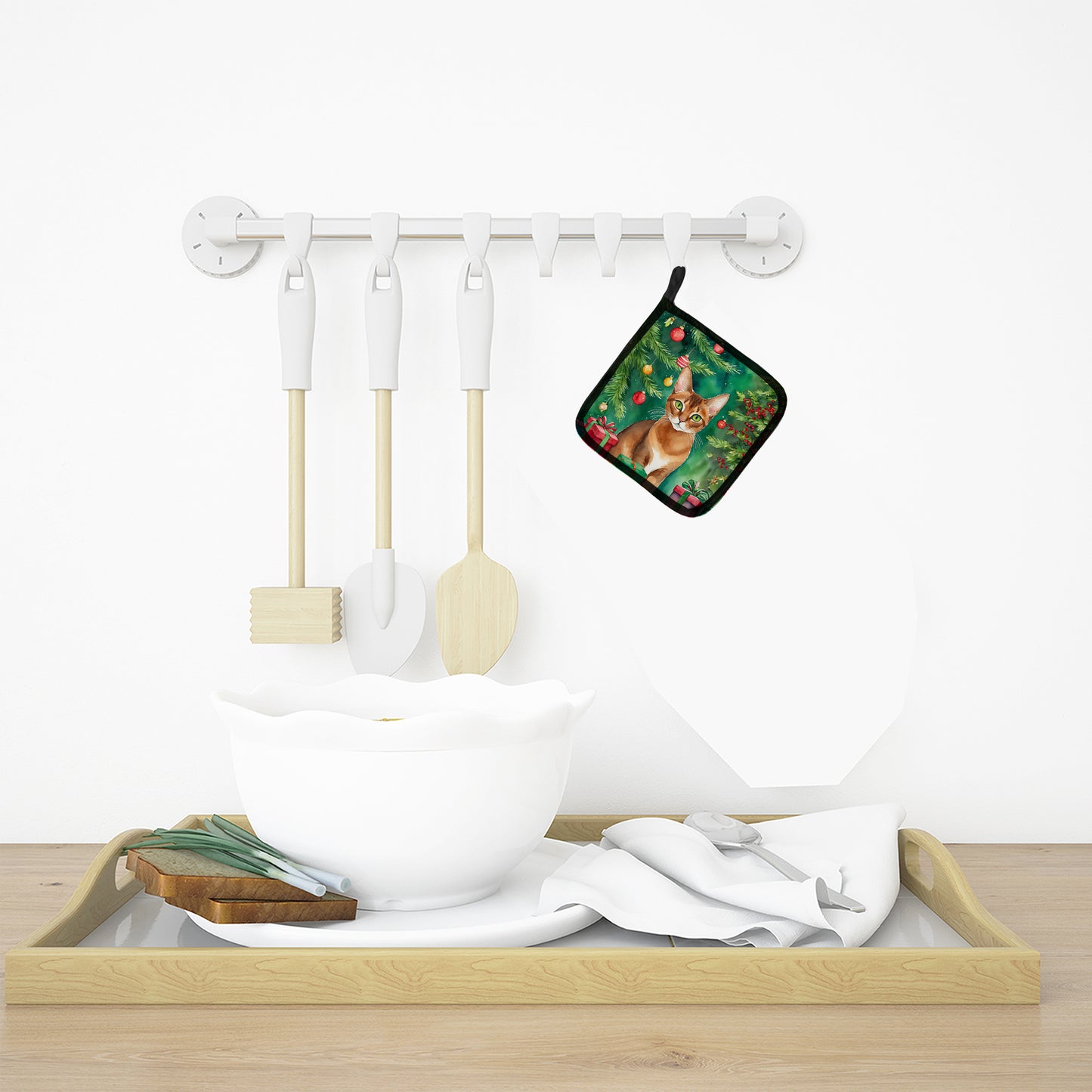 Abyssinian Cat By the Christmas Tree Pair of Pot Holders