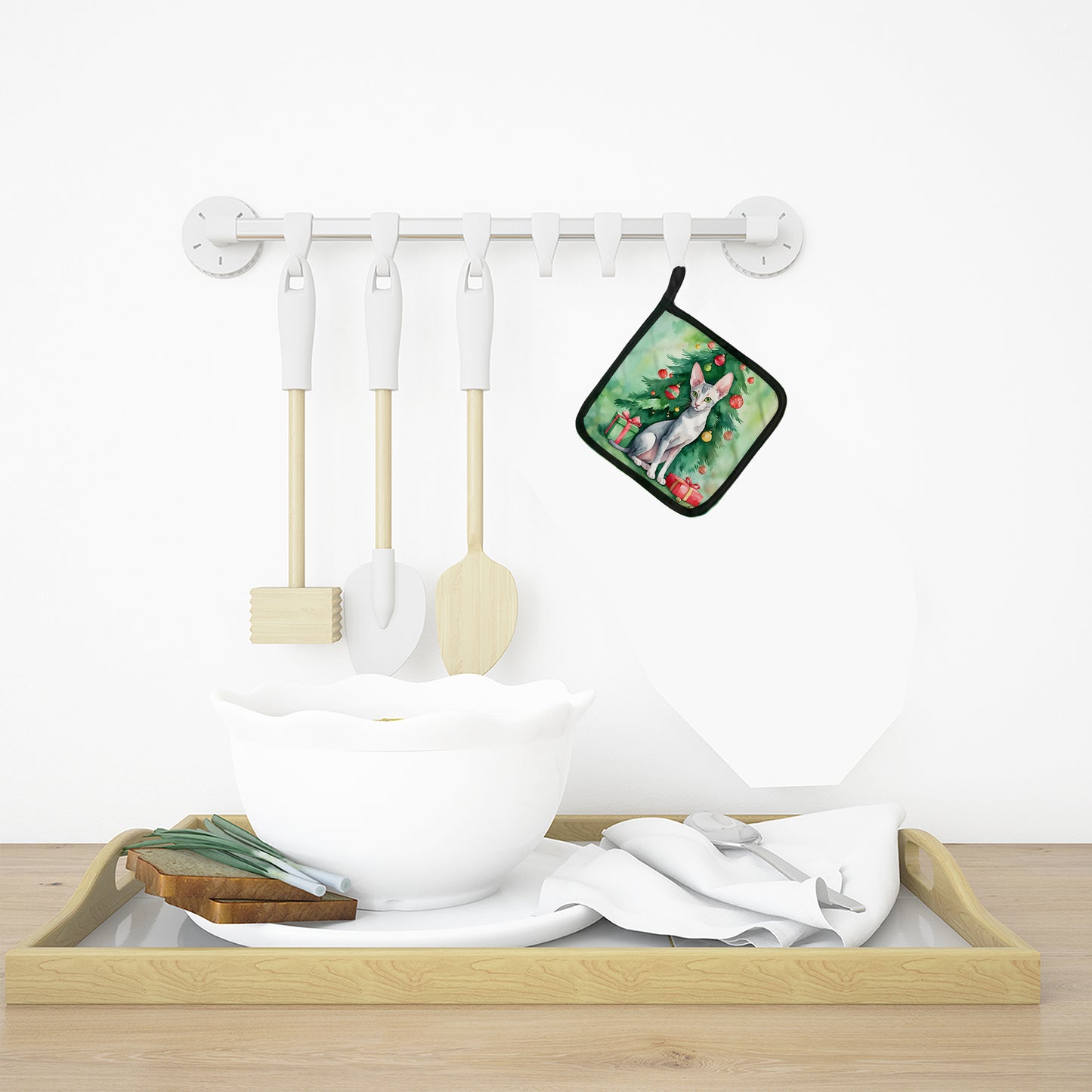 Oriental Shorthair Cat By the Christmas Tree Pair of Pot Holders
