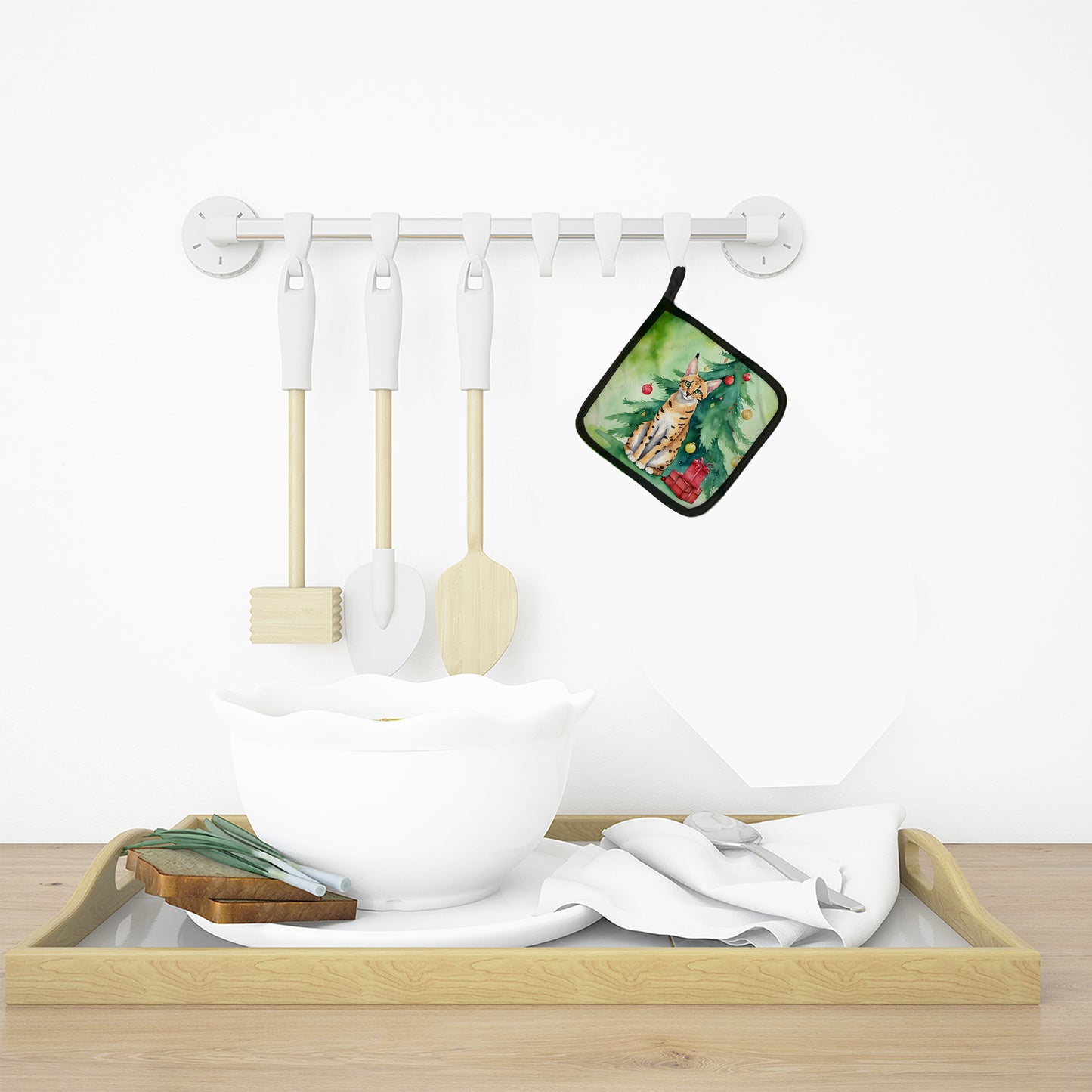 Serengeti Cat By the Christmas Tree Pair of Pot Holders