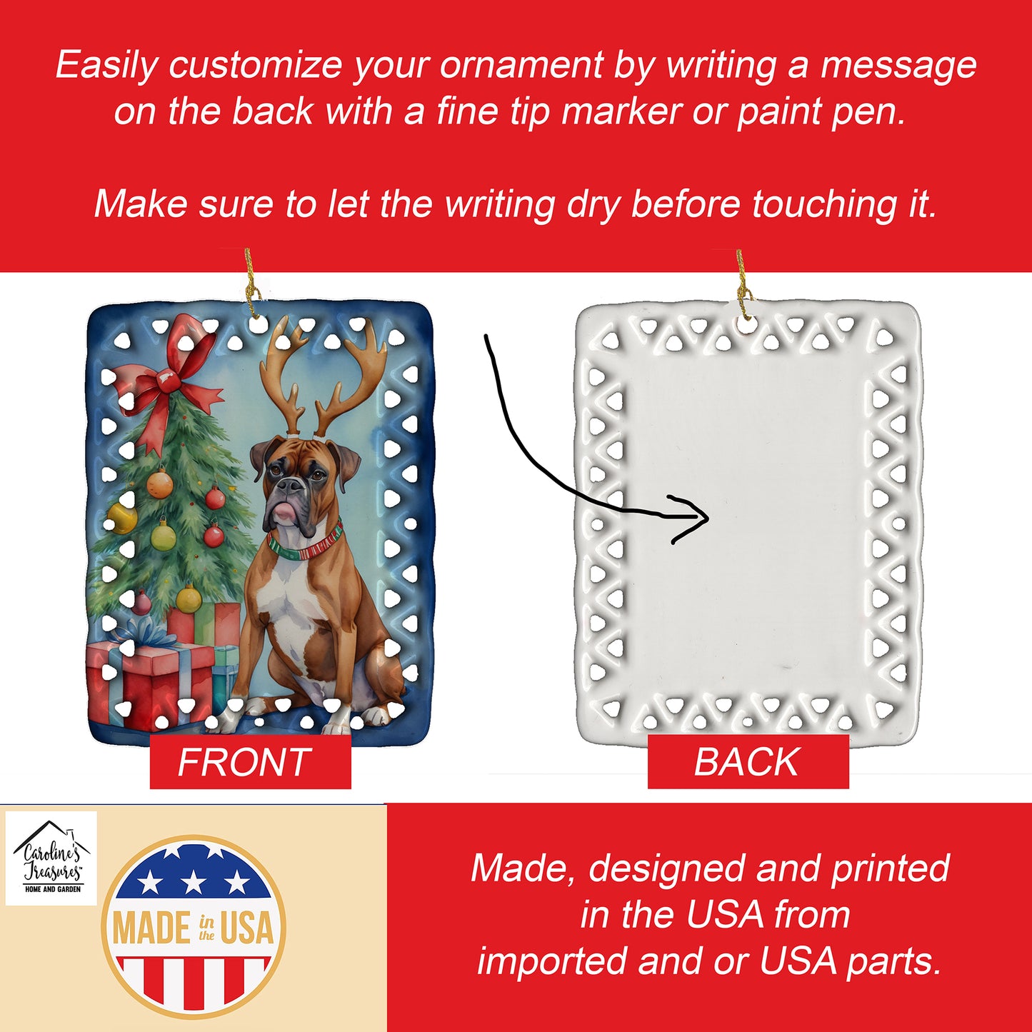 Boxer Christmas Reindeer Porcelain Ornament