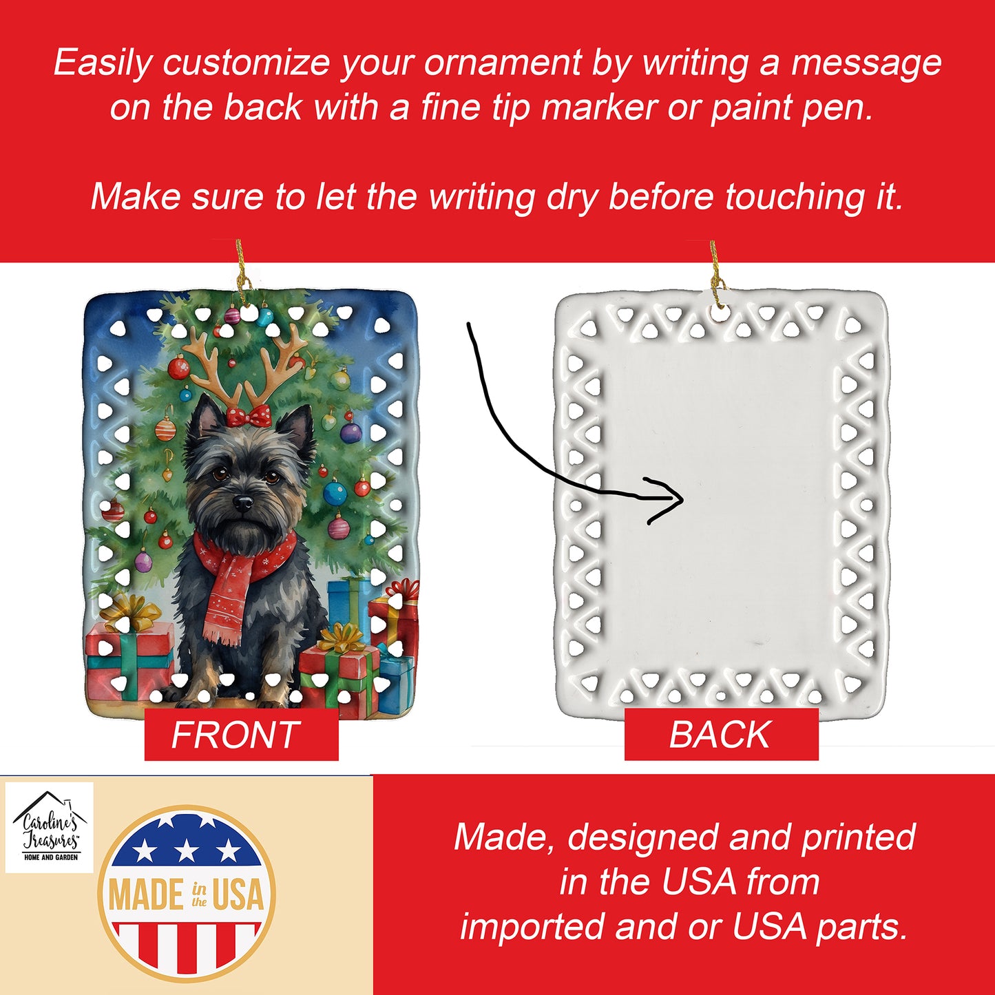 Black Cairn Terrier Christmas Reindeer Porcelain Ornament