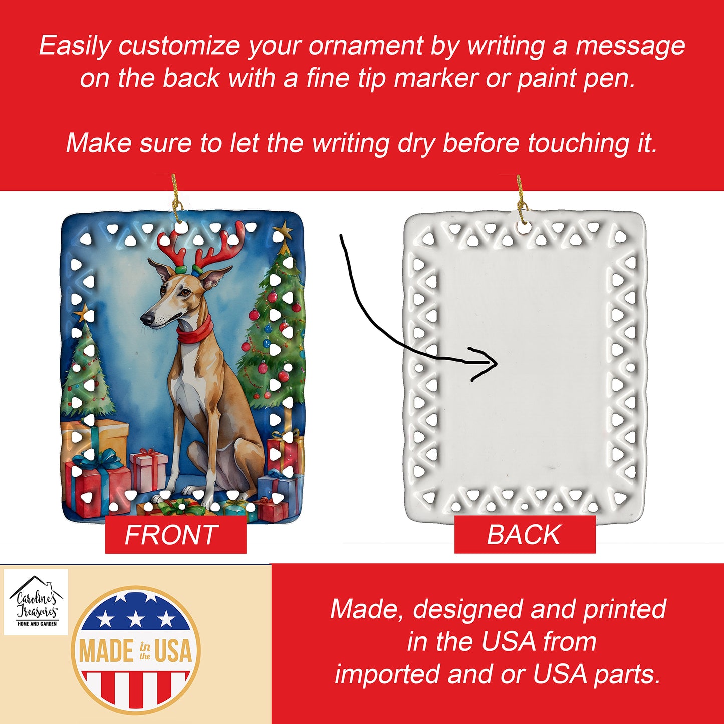 Greyhound Christmas Reindeer Porcelain Ornament