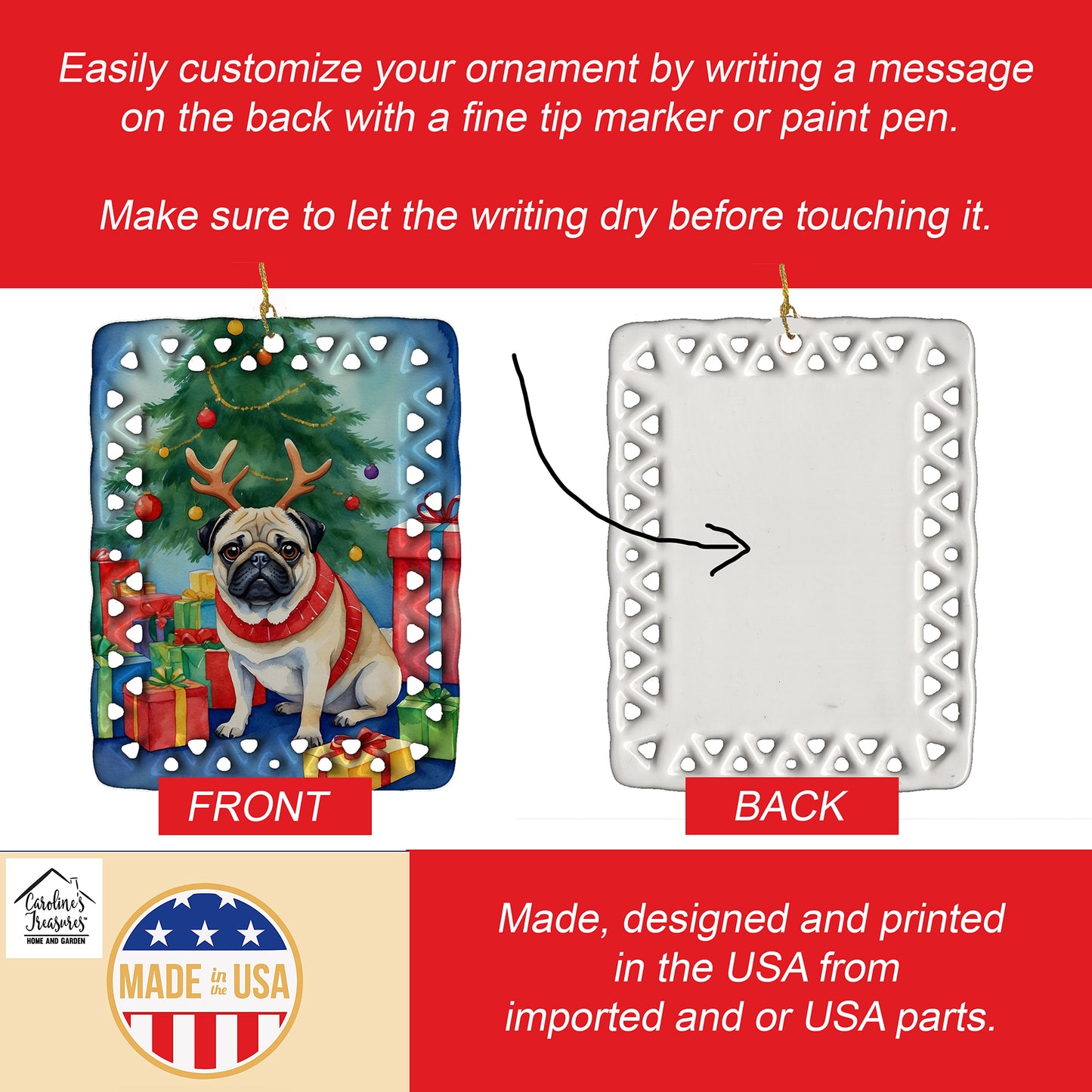 Pug Christmas Reindeer Porcelain Ornament