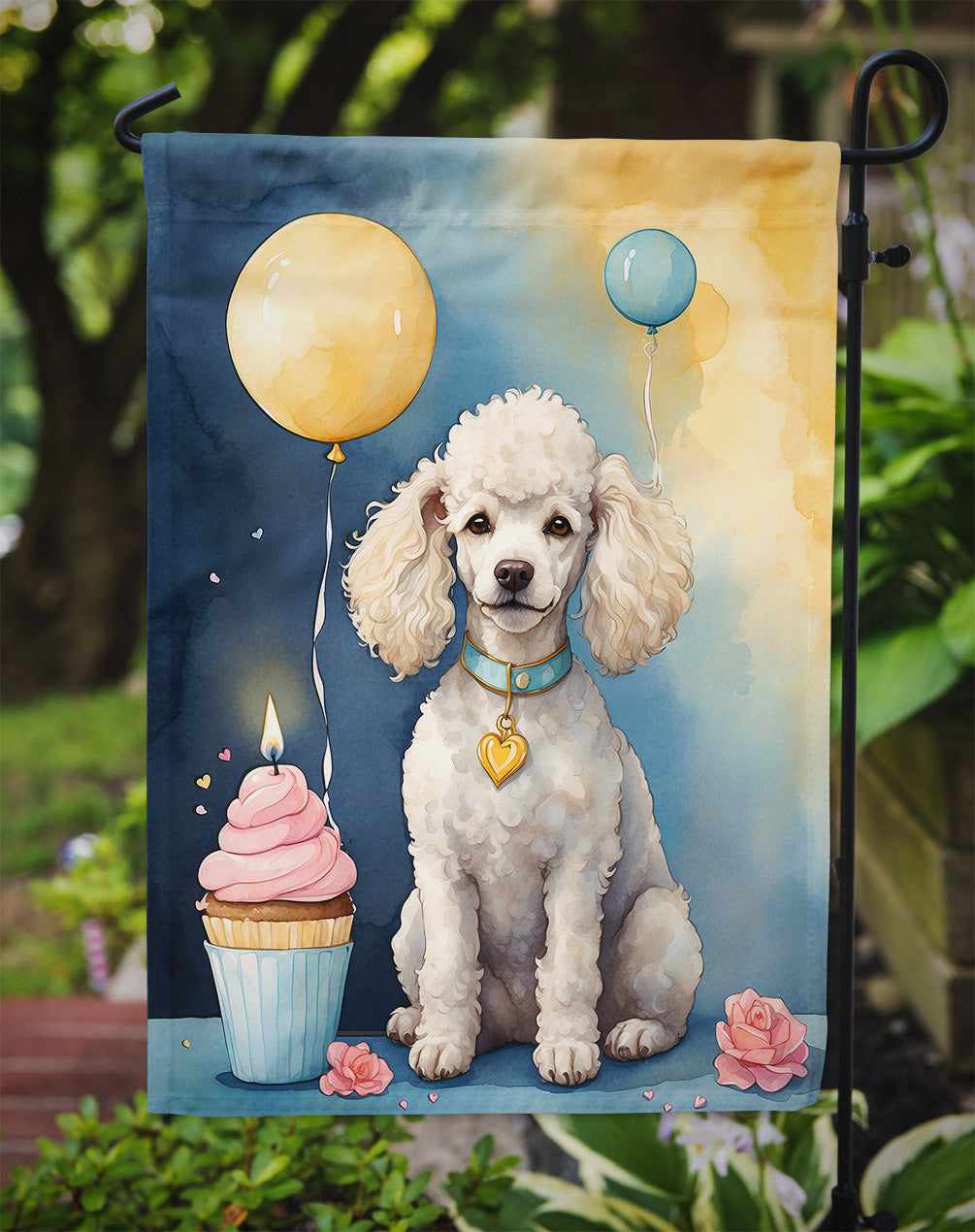 White Poodle Happy Birthday Garden Flag