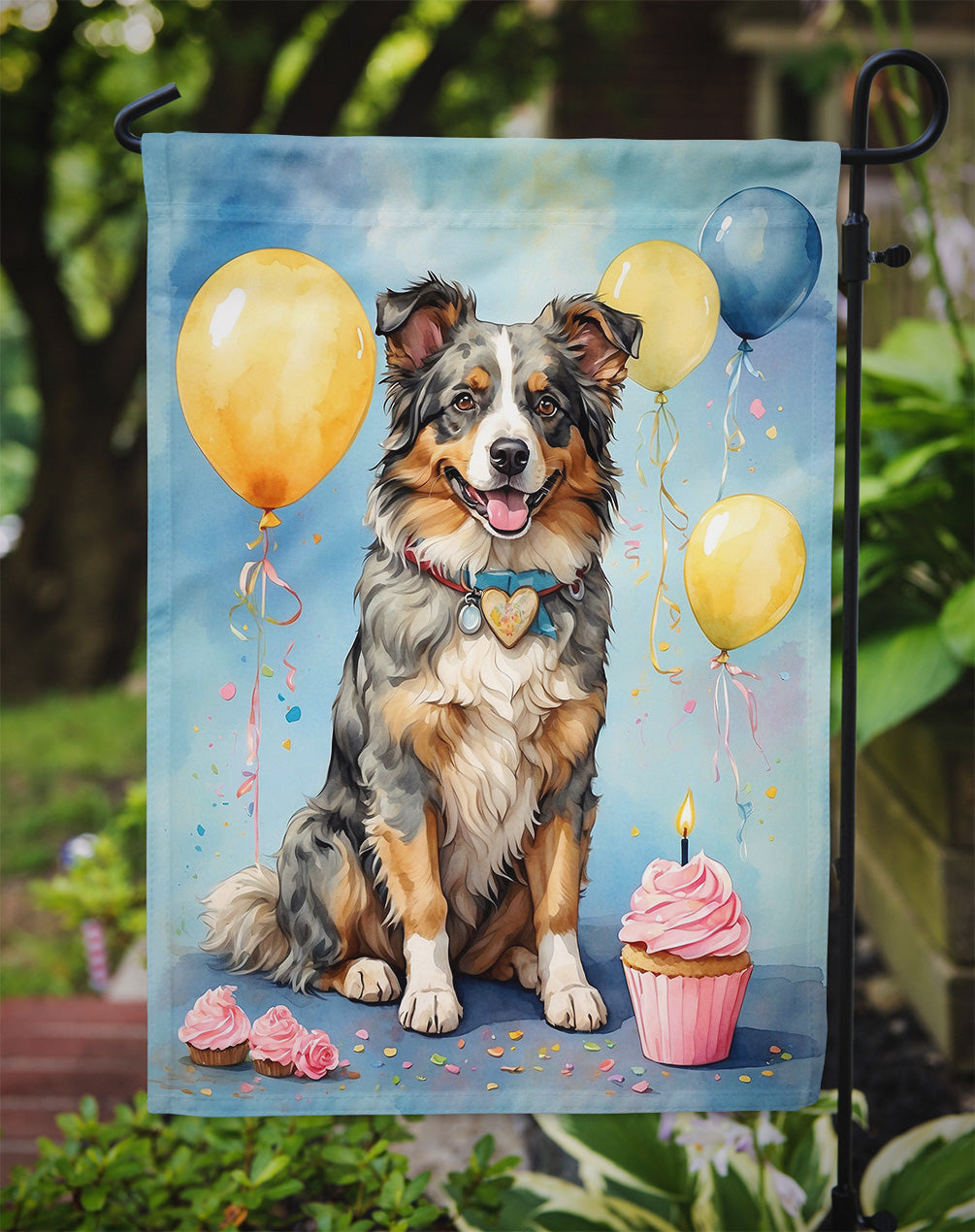 Australian Shepherd Happy Birthday Garden Flag