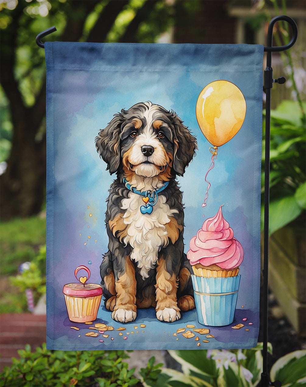 Bernedoodle Happy Birthday Garden Flag