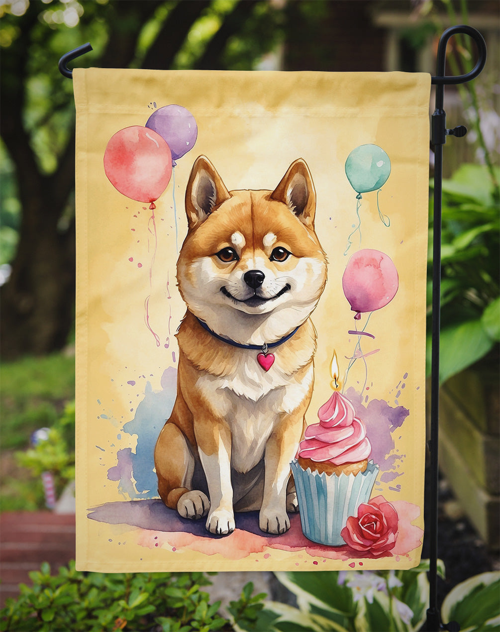 Shiba Inu Happy Birthday Garden Flag