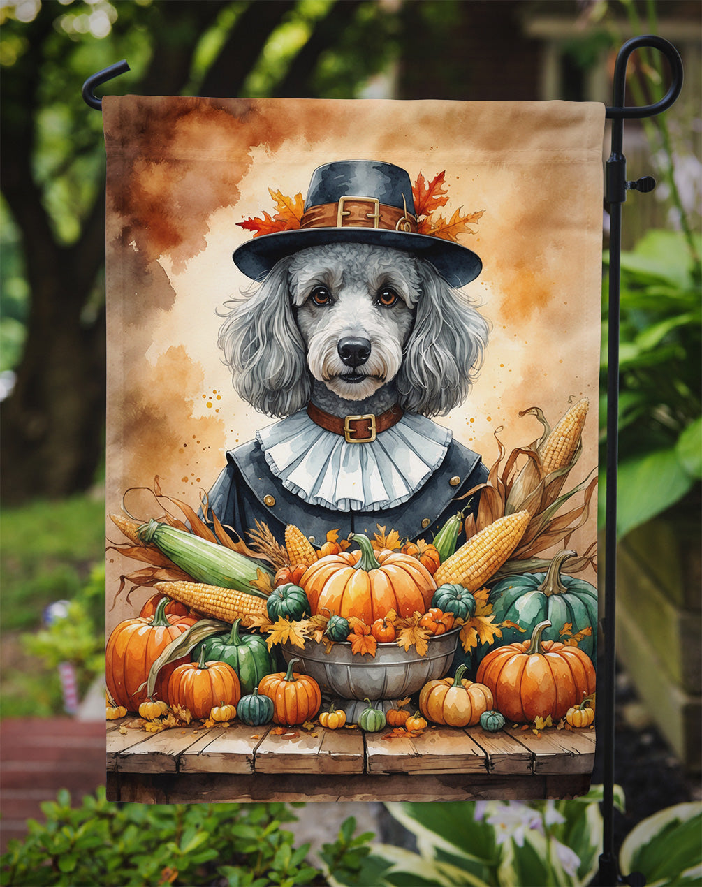 Grey Silver Poodle Thanksgiving Garden Flag