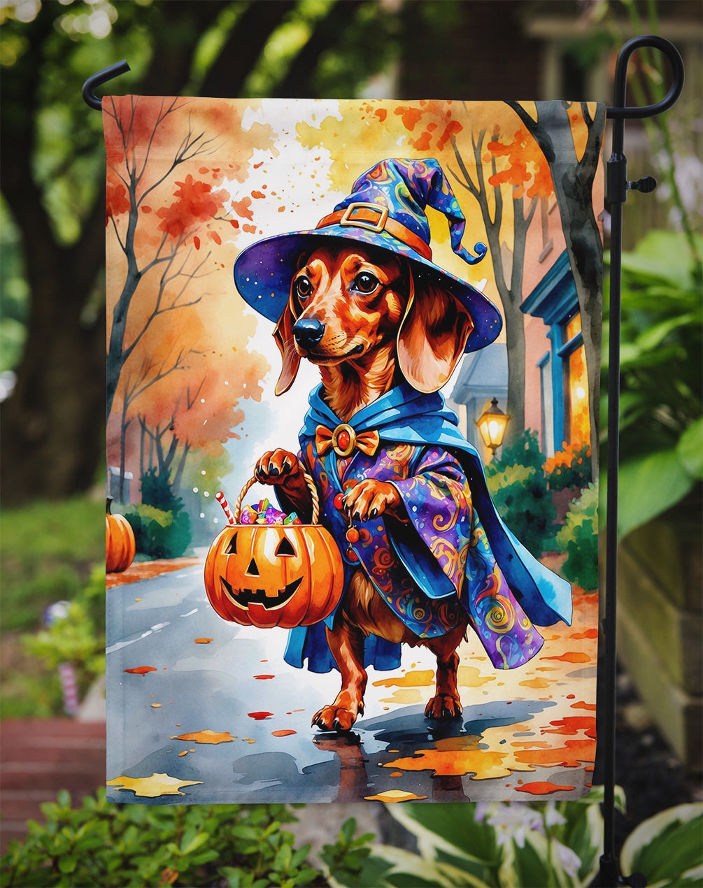 Red Dachshund Halloween Trick or Treat Garden Flag