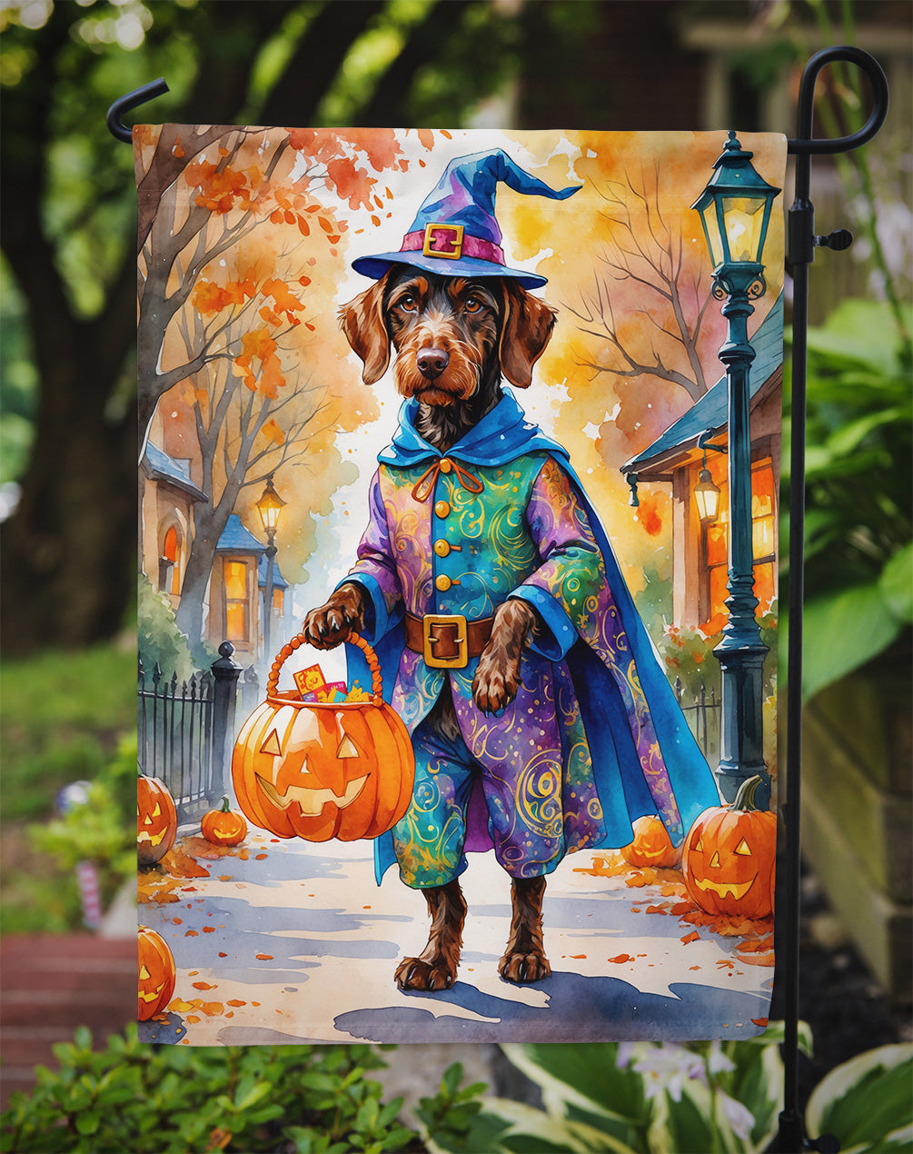 German Wirehaired Pointer Halloween Trick or Treat Garden Flag