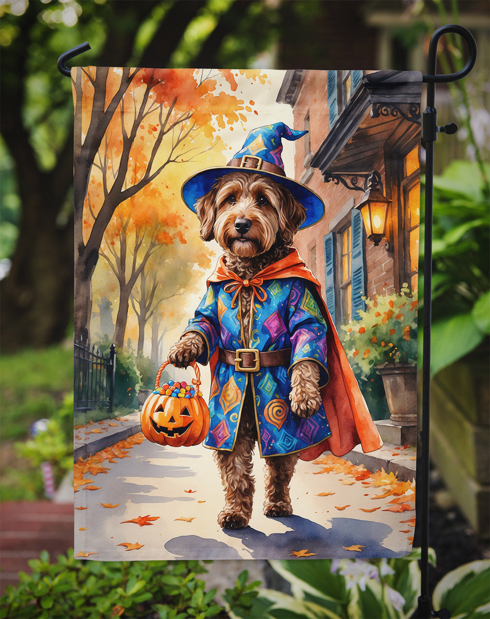 Chocolate Labradoodle Halloween Trick or Treat Garden Flag