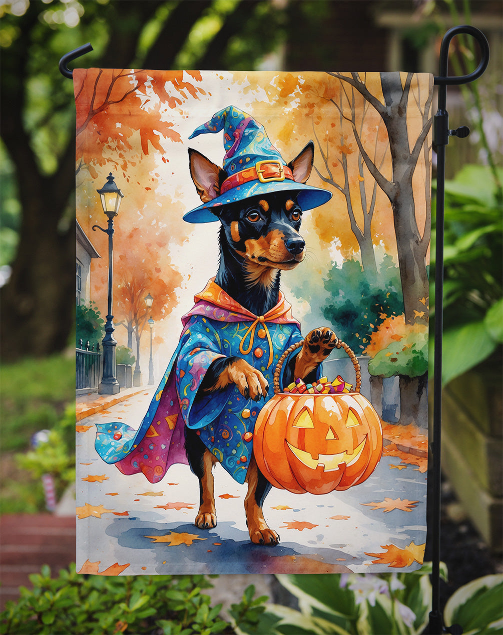 Miniature Pinscher Halloween Trick or Treat Garden Flag
