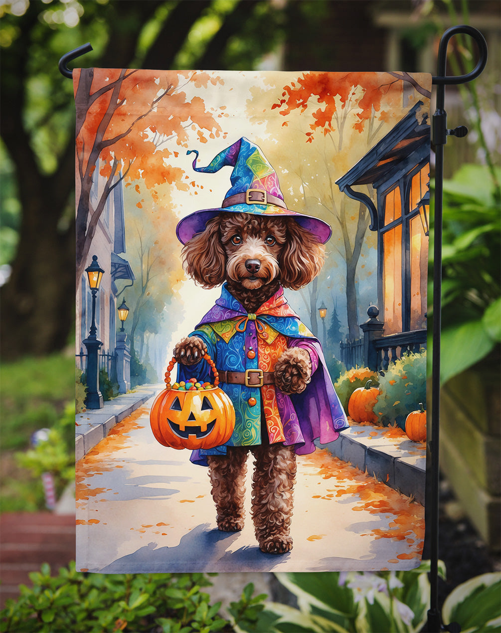Chocolate Poodle Halloween Trick or Treat Garden Flag
