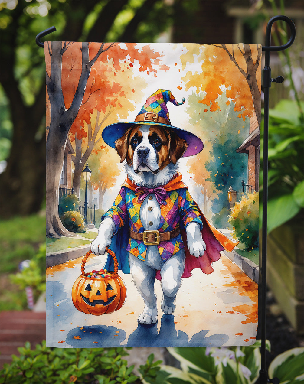 Saint Bernard Halloween Trick or Treat Garden Flag