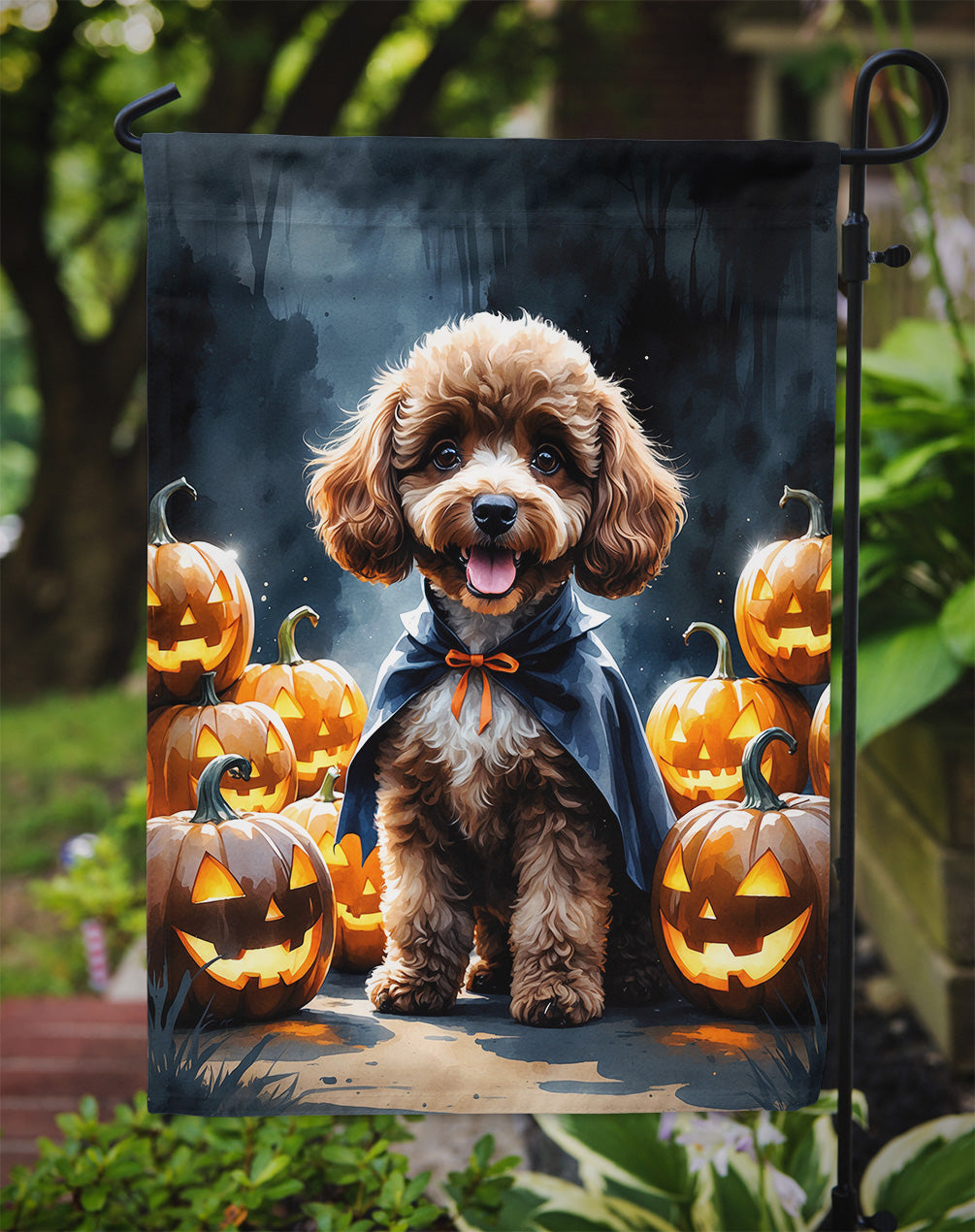 Chocolate Poodle Puppy Halloween Garden Flag