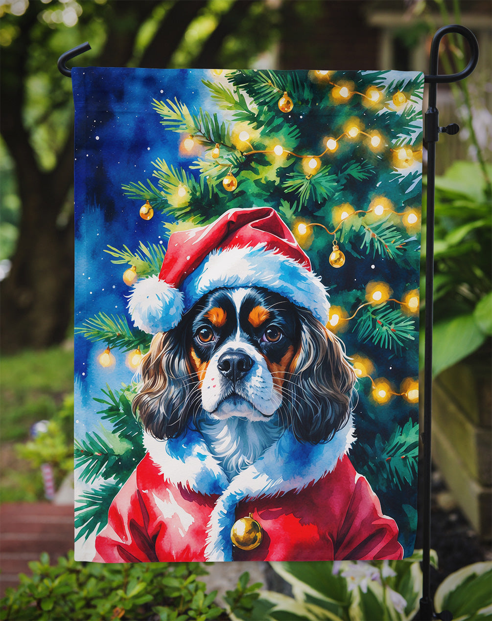 Tricolor Cavalier Spaniel Christmas Garden Flag