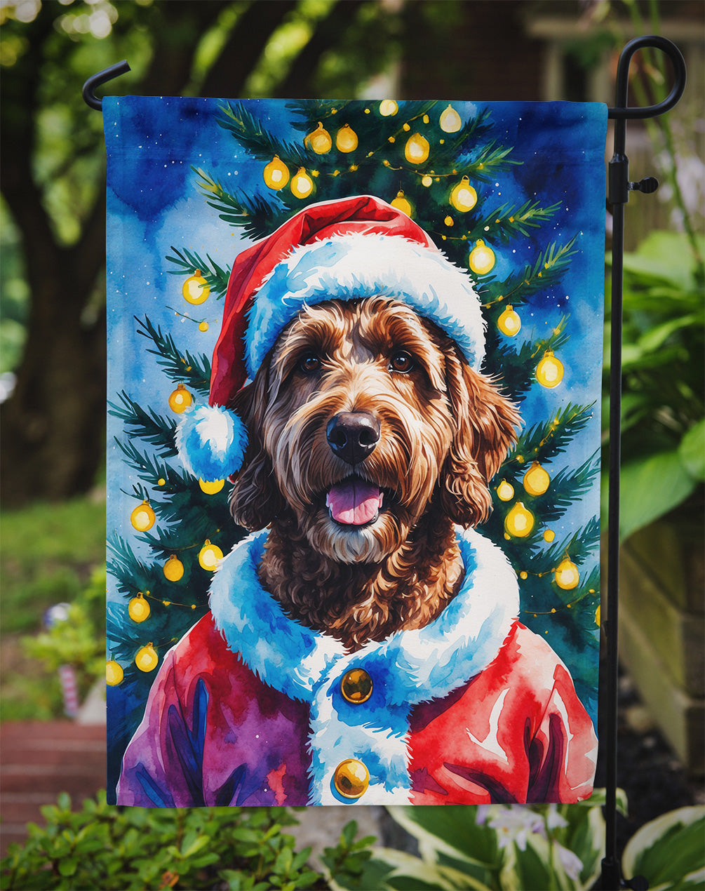 Chocolate Labradoodle Christmas Garden Flag