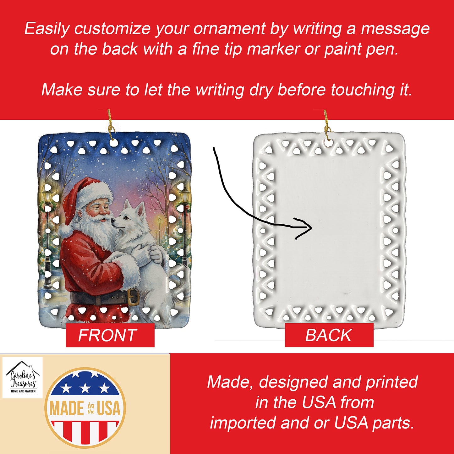 American Eskimo with Santa Claus Porcelain Ornament