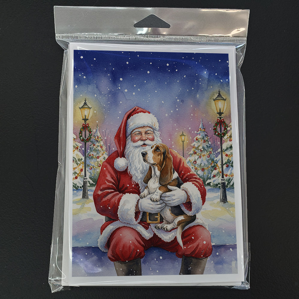 Basset Hound with Santa Claus Greeting Cards Pack of 8