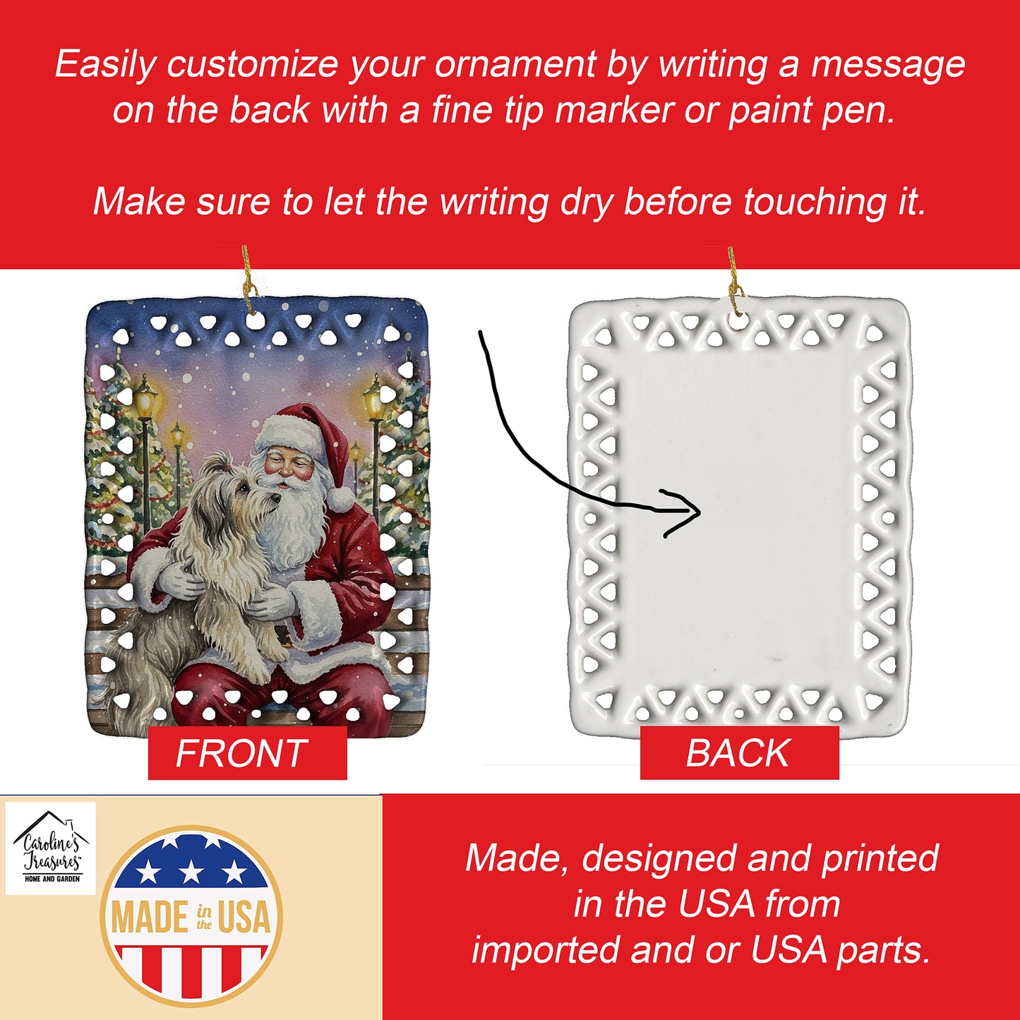 Bearded Collie with Santa Claus Porcelain Ornament