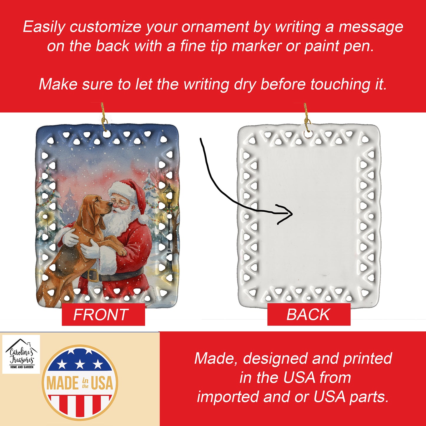 Bloodhound with Santa Claus Porcelain Ornament