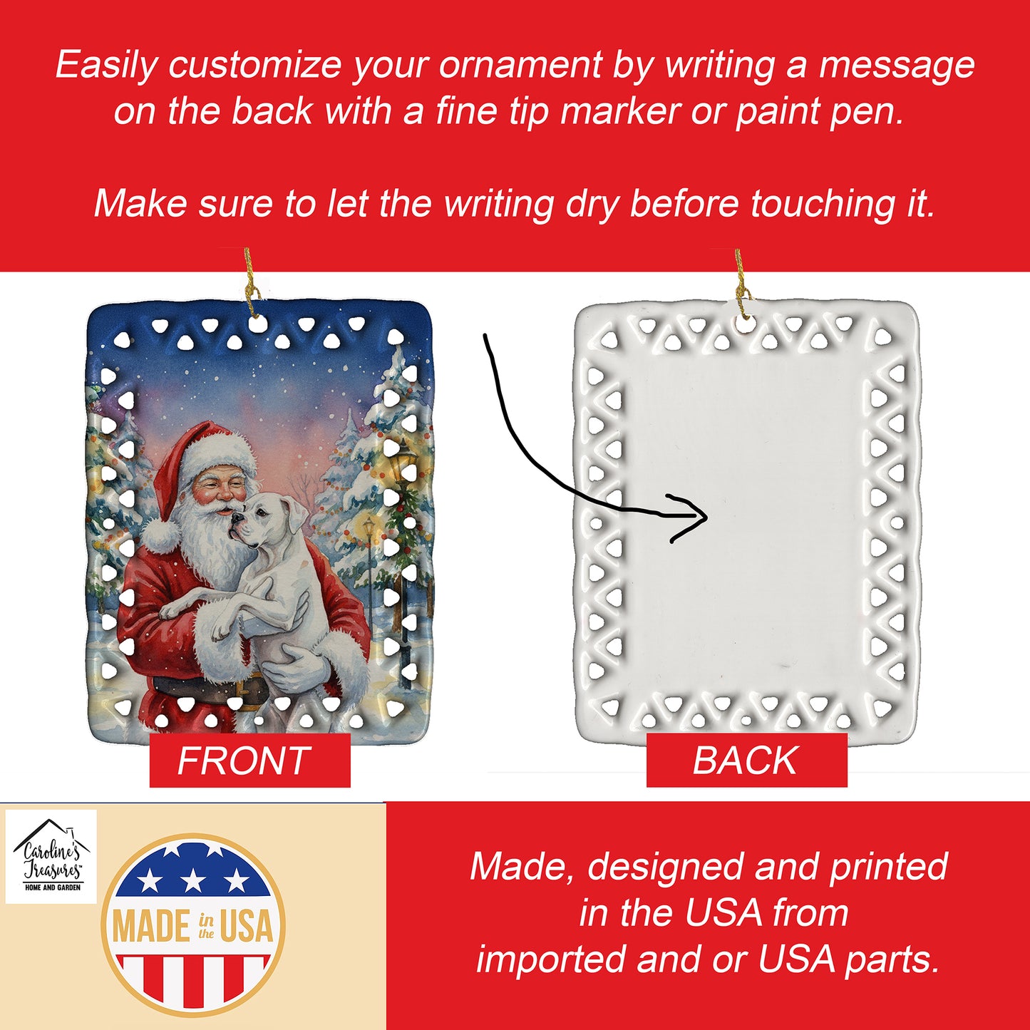 White Boxer with Santa Claus Porcelain Ornament