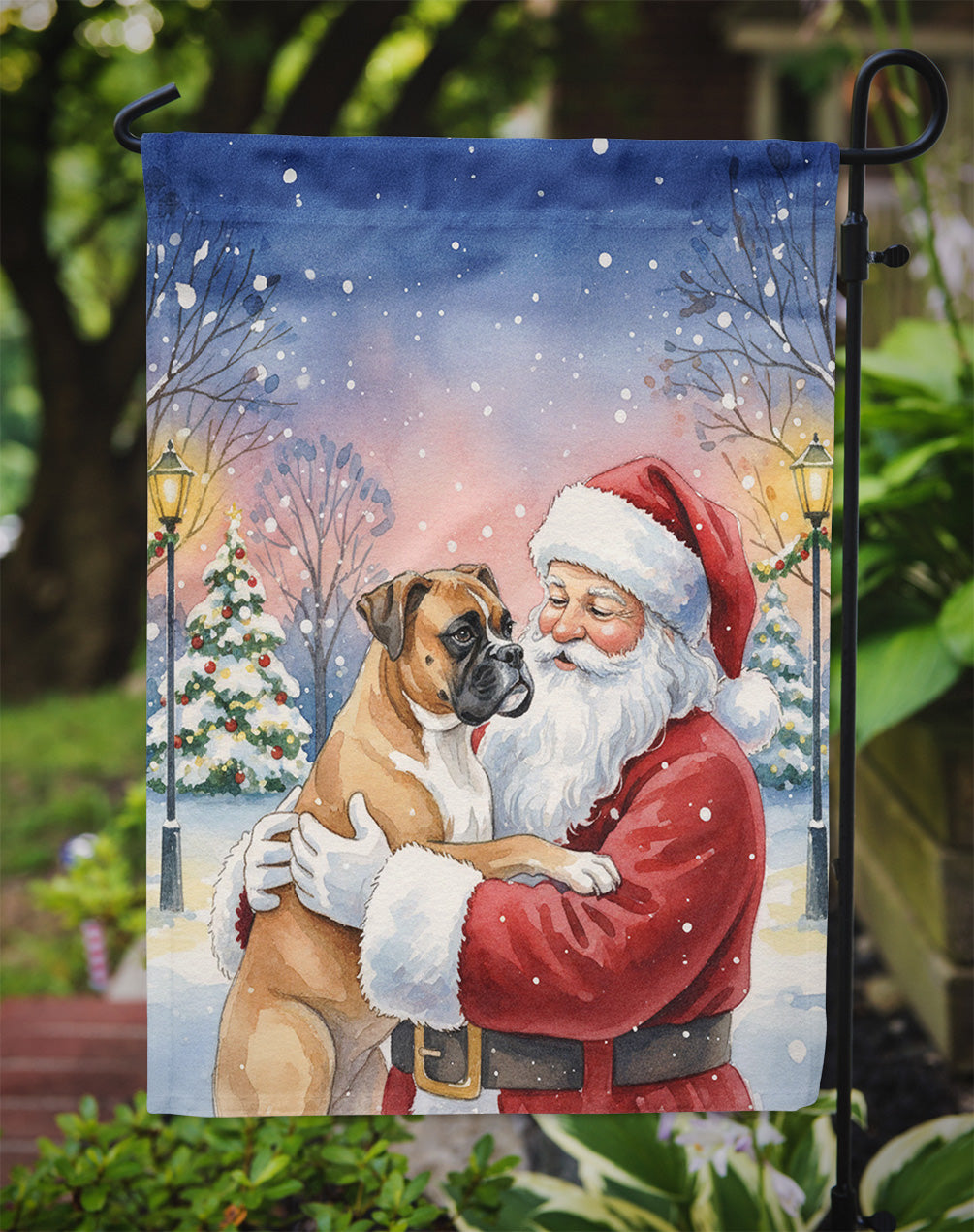 Boxer with Santa Claus Garden Flag