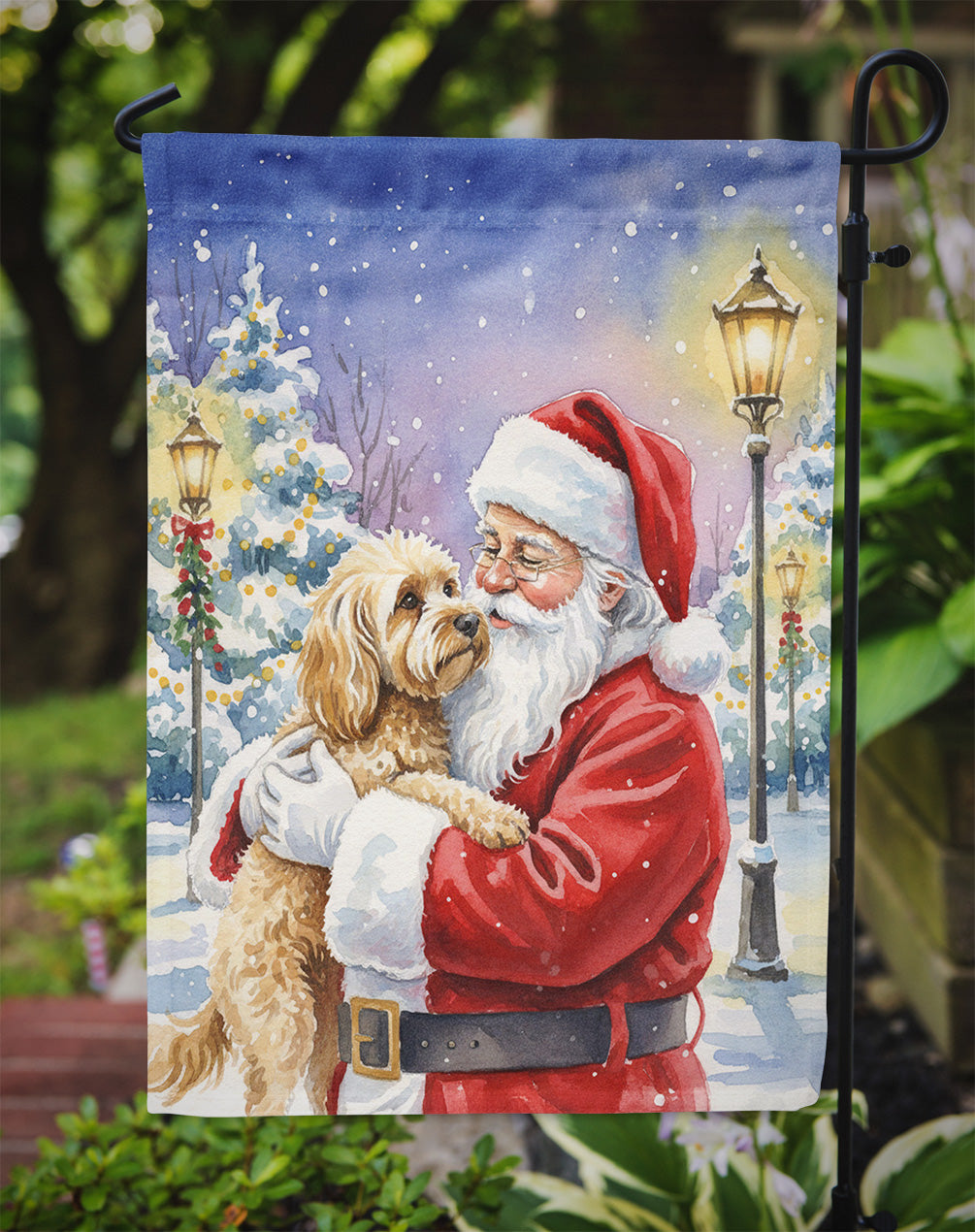 Cockapoo with Santa Claus Garden Flag