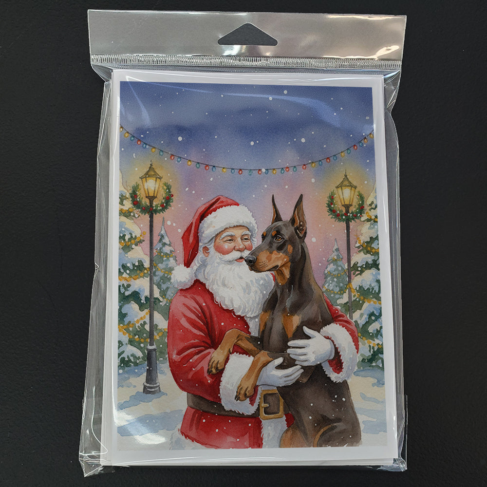 Fawn Doberman Pinscher with Santa Claus Greeting Cards Pack of 8
