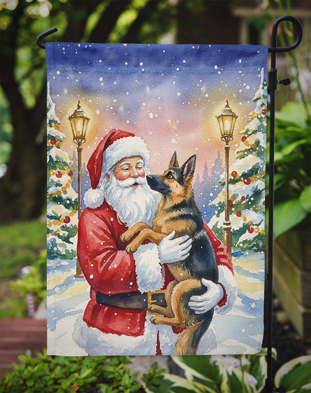 German Shepherd with Santa Claus Garden Flag