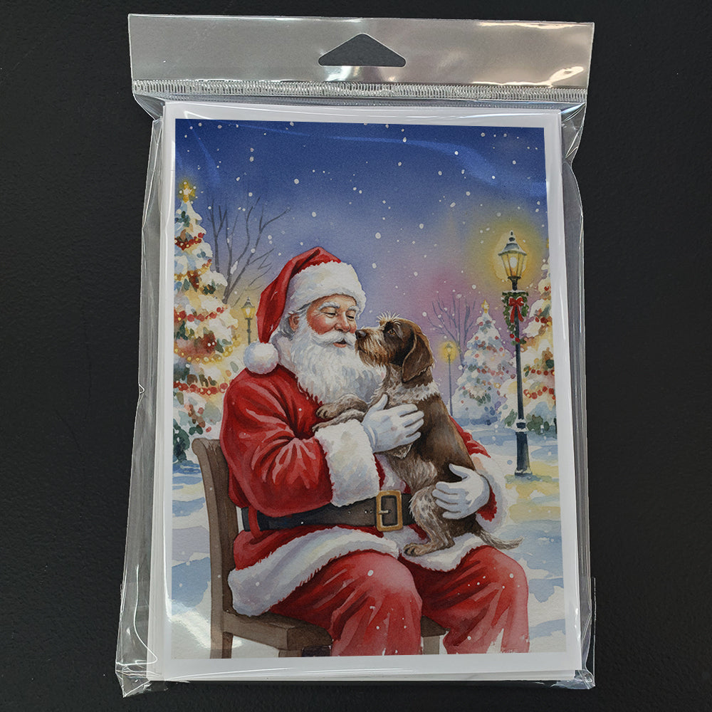 German Wirehaired Pointer with Santa Claus Greeting Cards Pack of 8