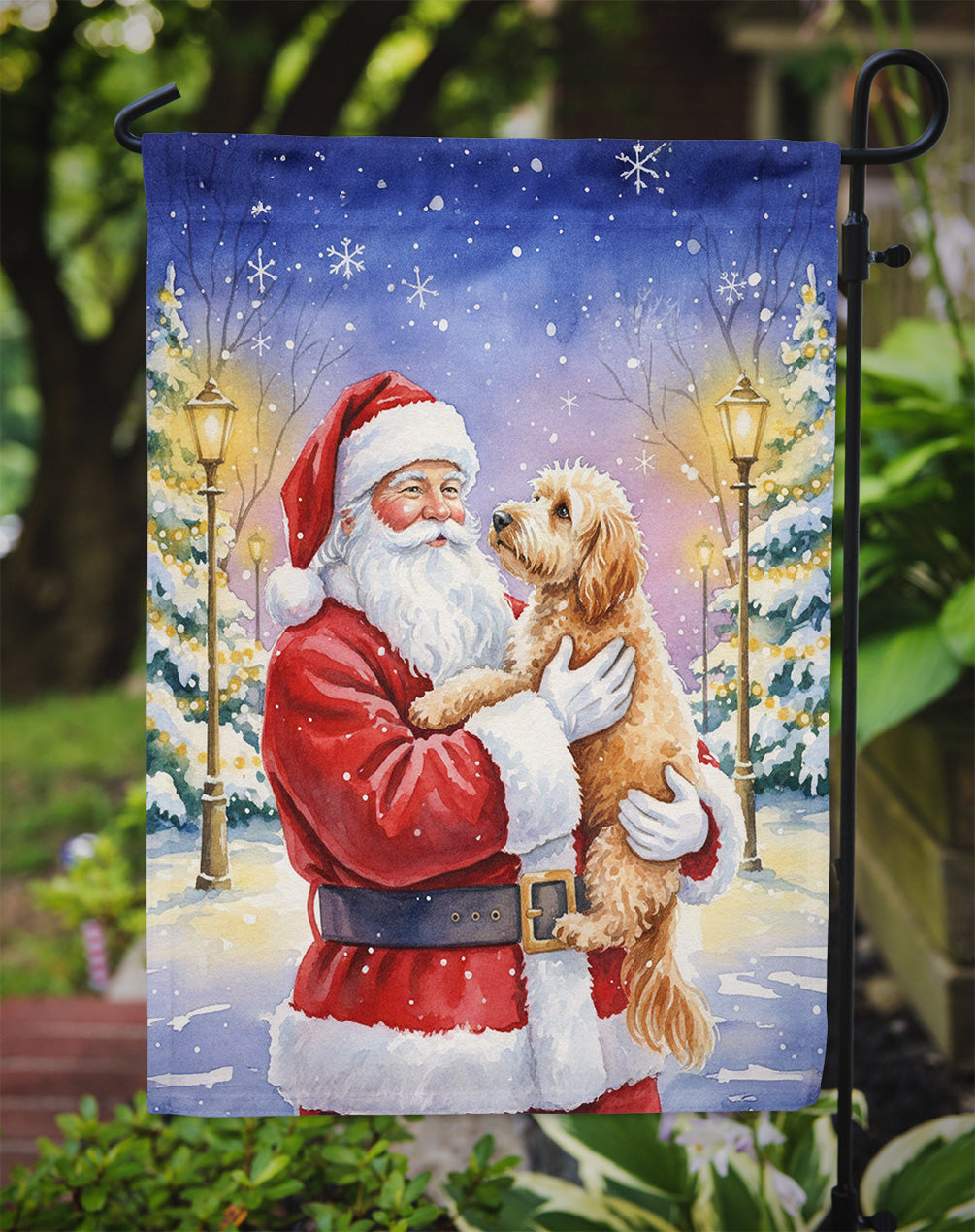 Goldendoodle with Santa Claus Garden Flag