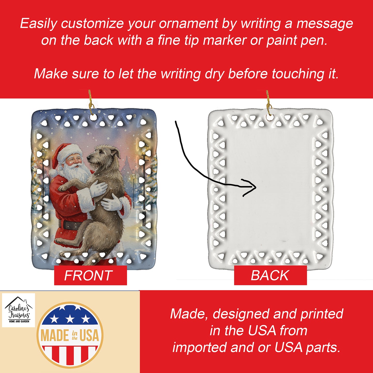 Irish Wolfhound with Santa Claus Porcelain Ornament