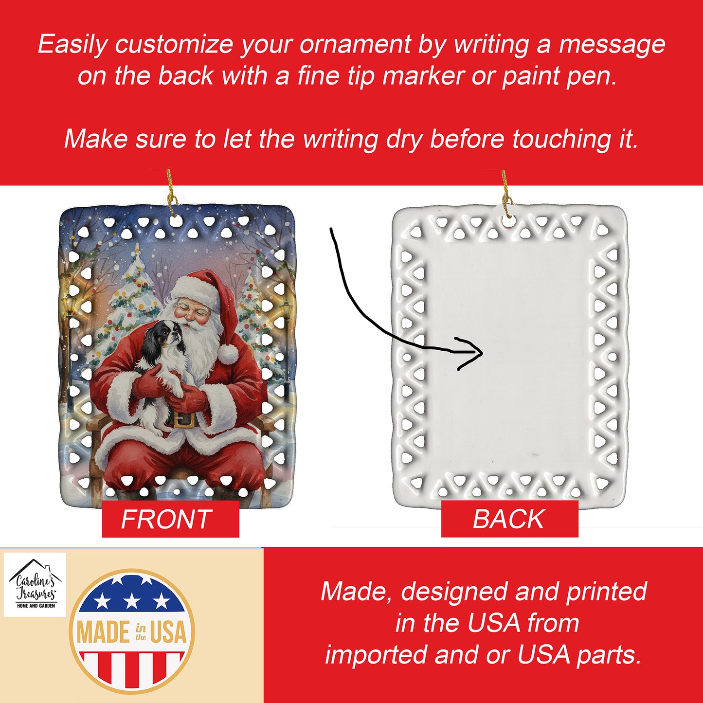 Japanese Chin with Santa Claus Porcelain Ornament