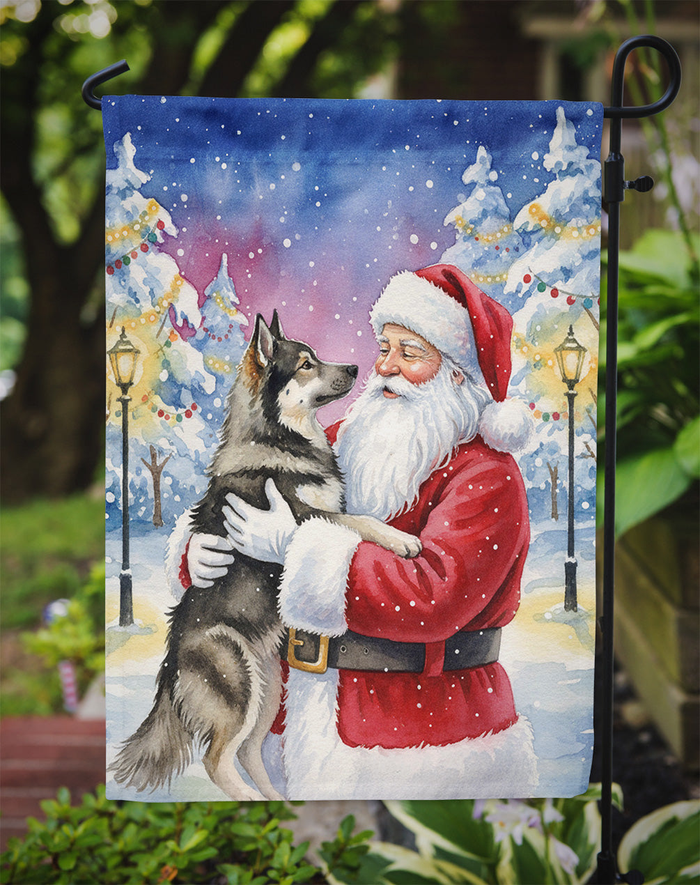 Norwegian Elkhound with Santa Claus Garden Flag