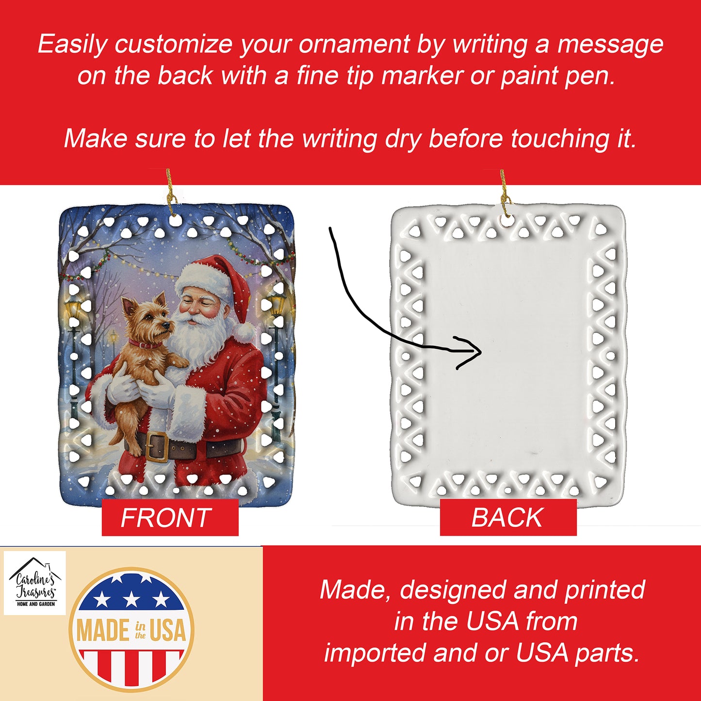 Norwich Terrier with Santa Claus Porcelain Ornament
