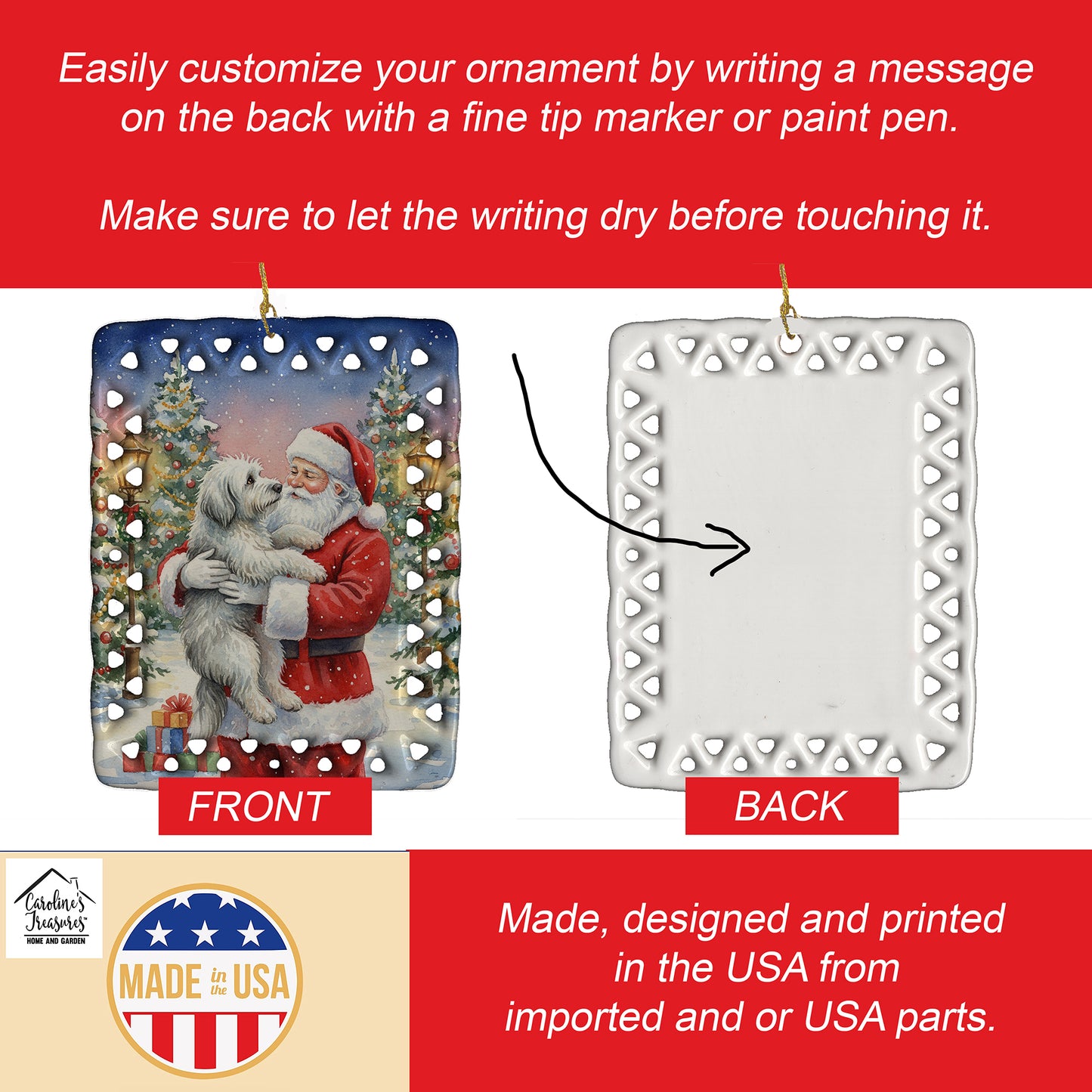 Old English Sheepdog with Santa Claus Porcelain Ornament