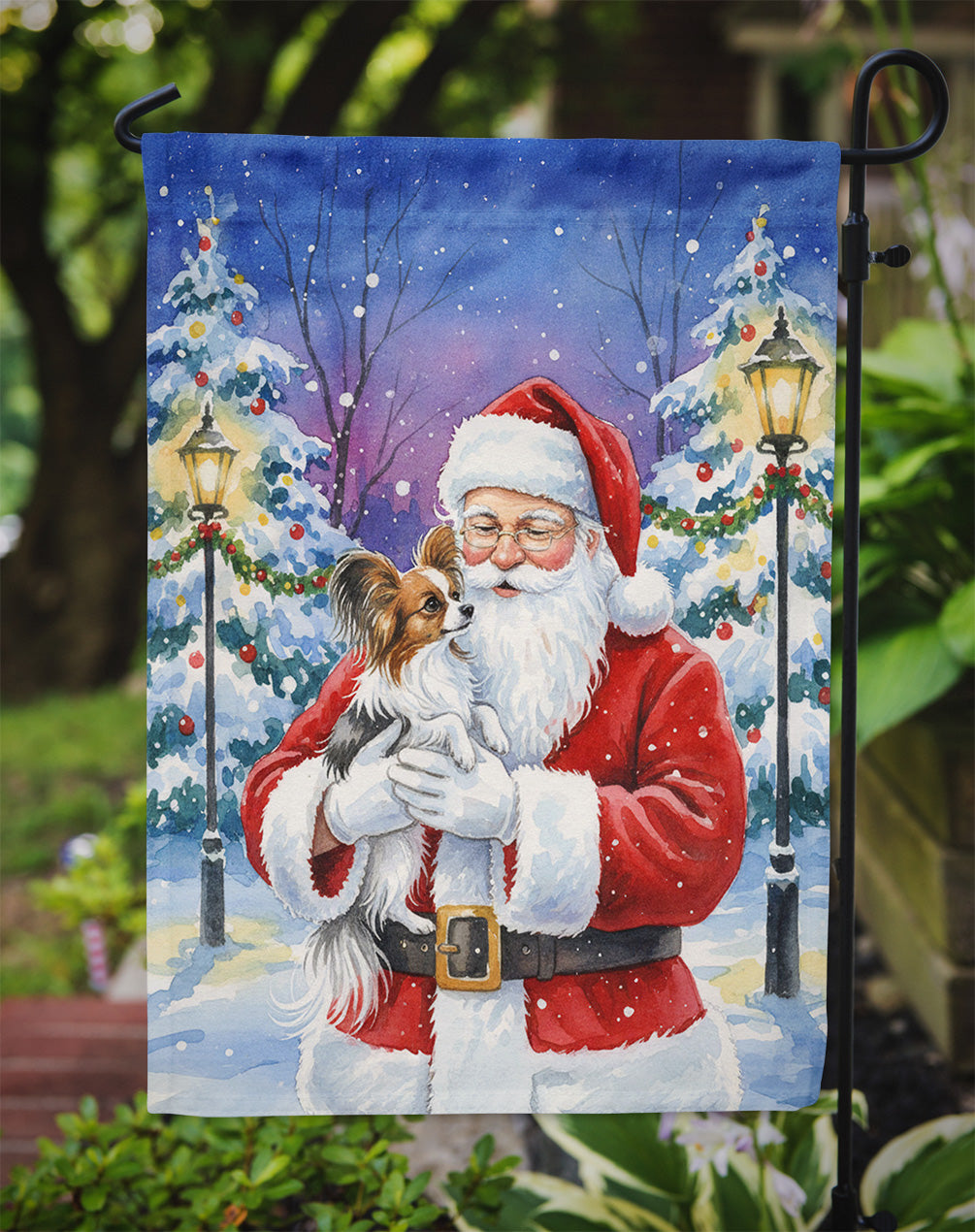 Papillon with Santa Claus Garden Flag