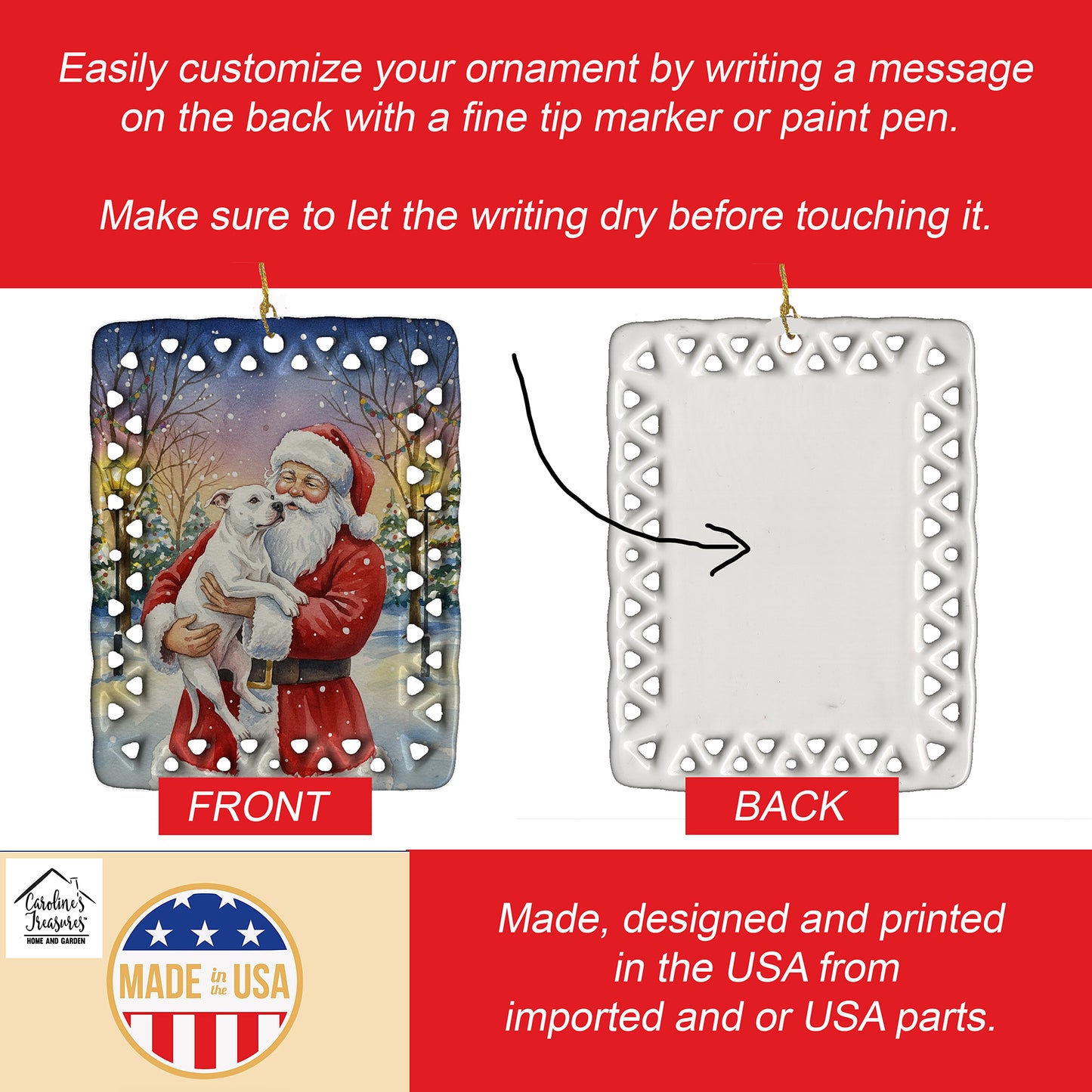 White Pit Bull Terrier with Santa Claus Porcelain Ornament