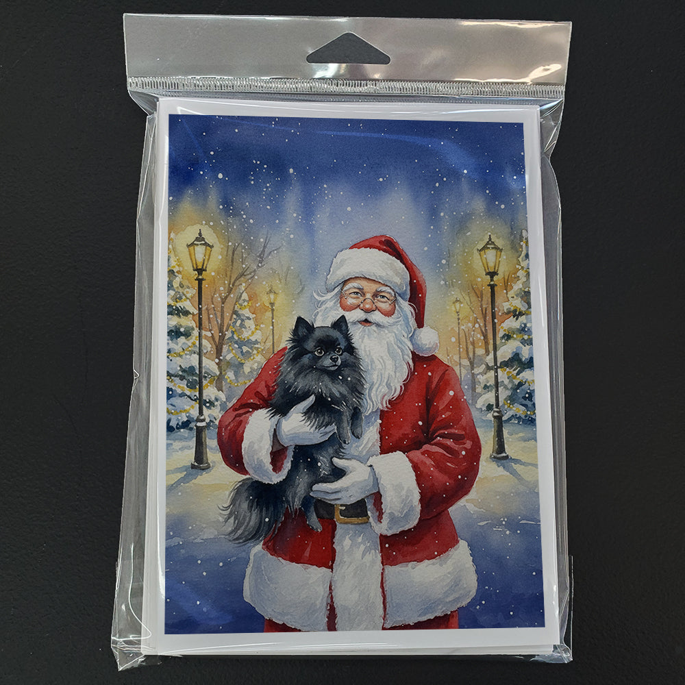 Black Pomeranian with Santa Claus Greeting Cards Pack of 8