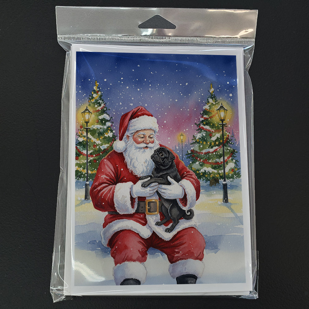 Black Pug with Santa Claus Greeting Cards Pack of 8