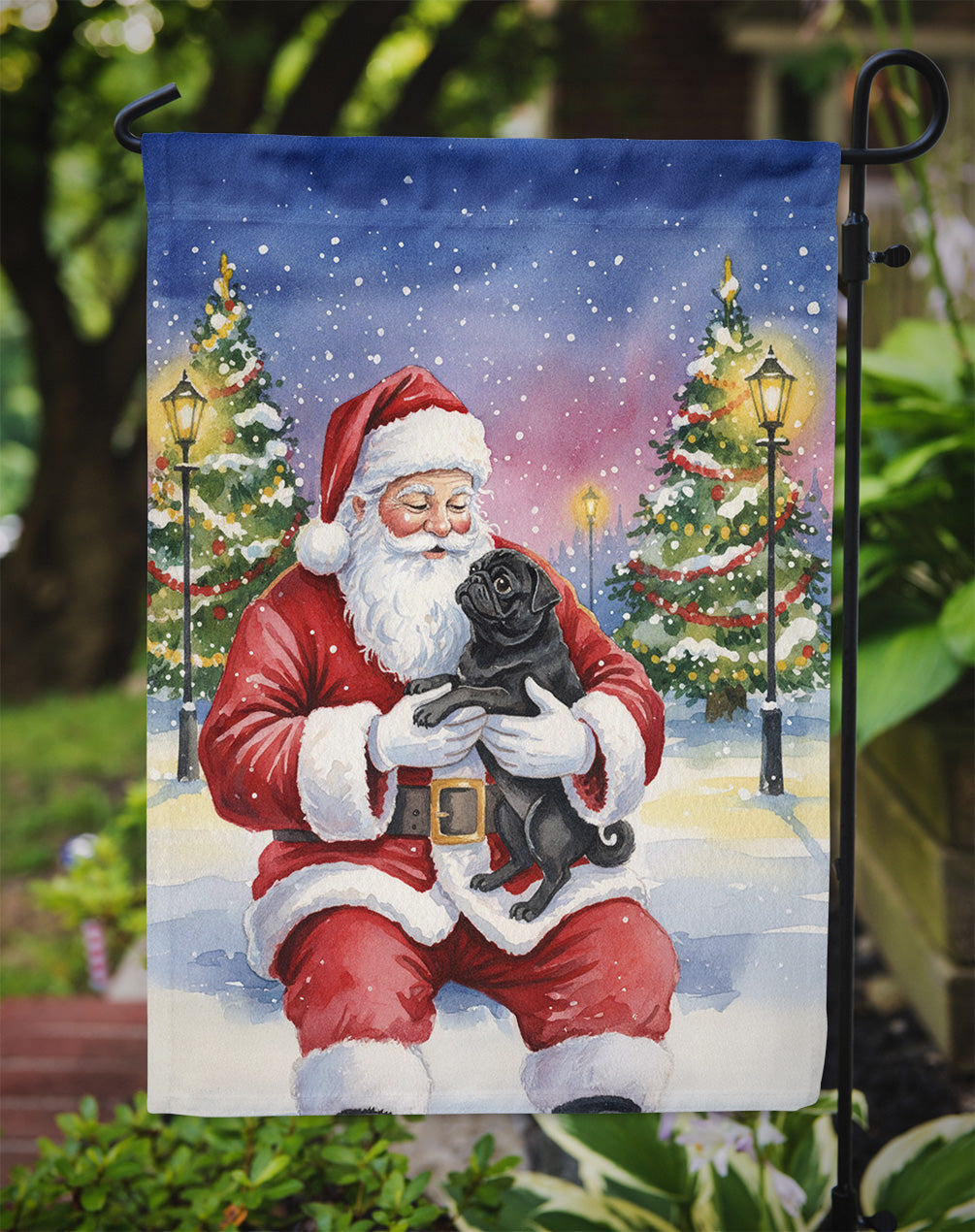 Black Pug with Santa Claus Garden Flag