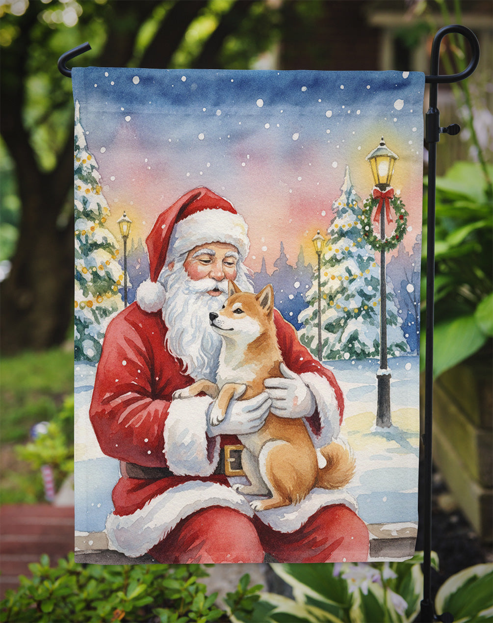 Shiba Inu with Santa Claus Garden Flag
