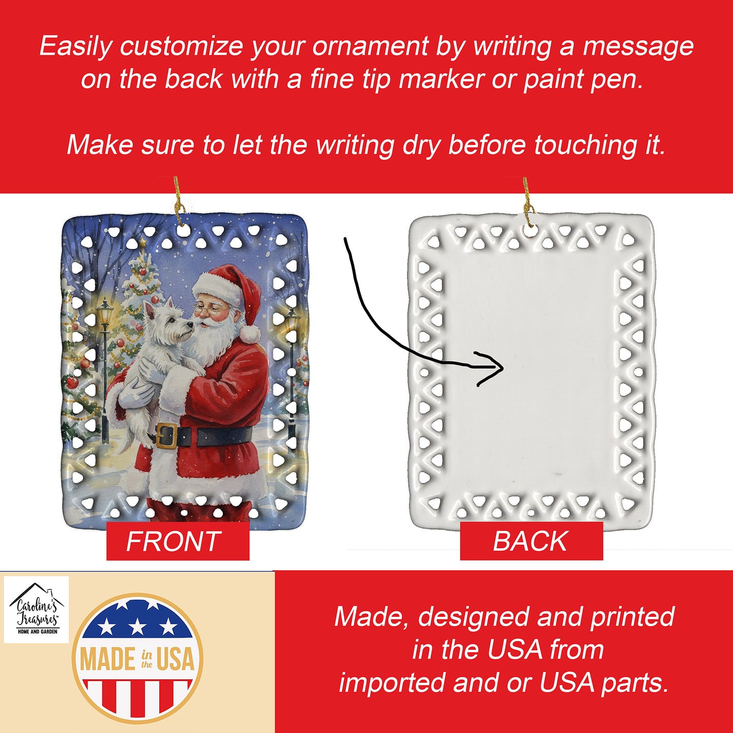 Westie with Santa Claus Porcelain Ornament