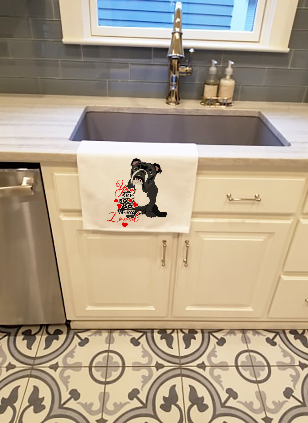 English Bulldog Black and White so Loved Kitchen Towel Set of 2