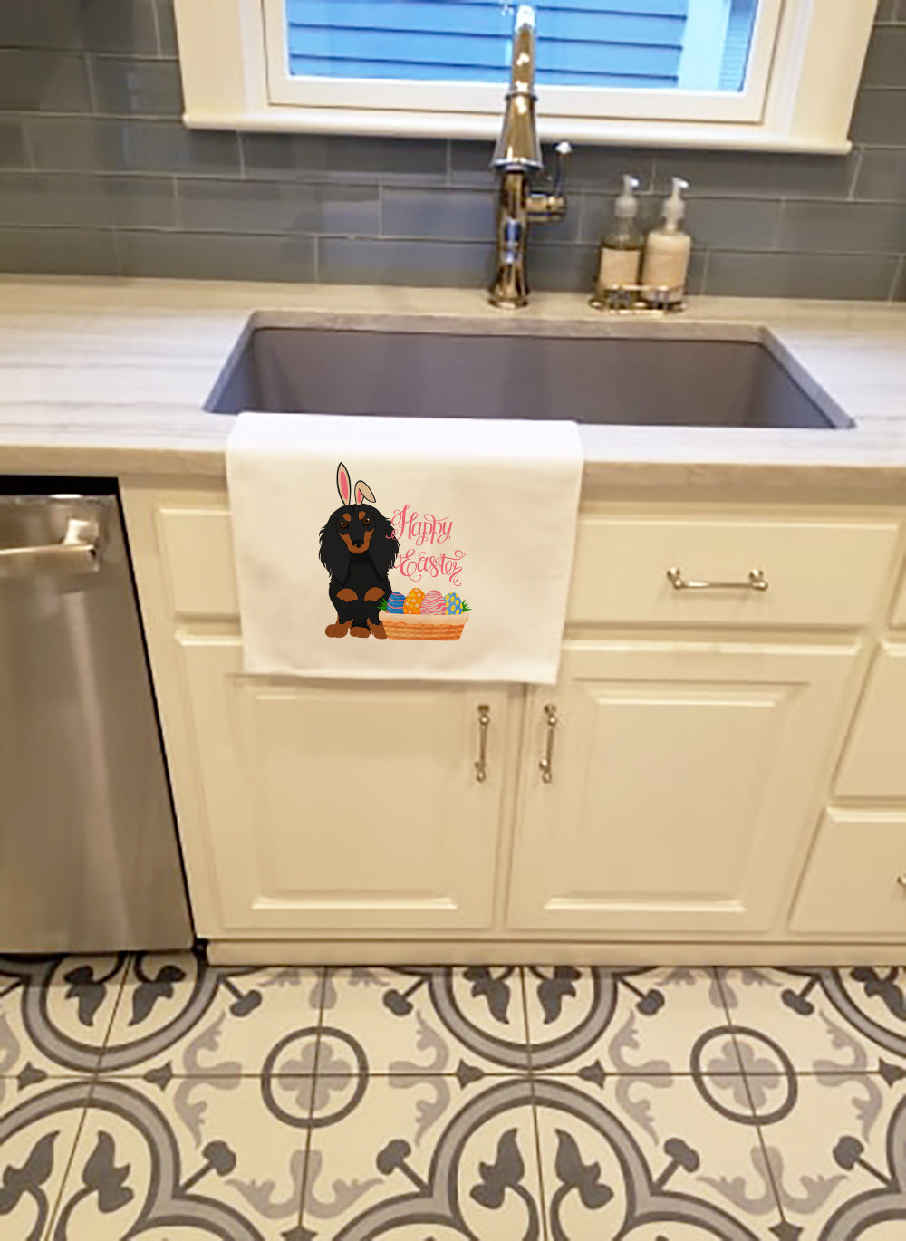 Longhair Black and Tan Dachshund Easter Kitchen Towel Set of 2