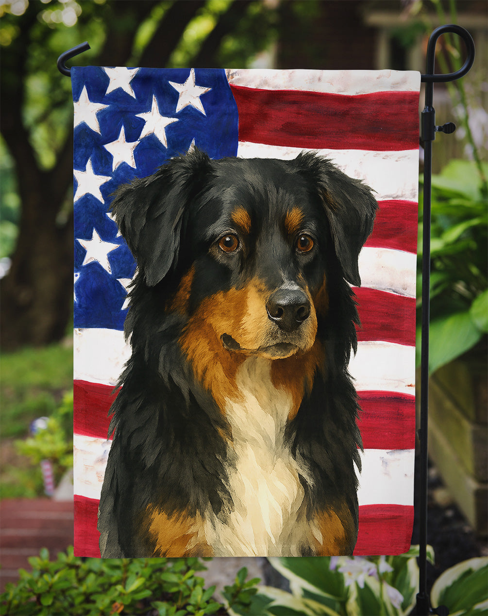 Black Australian Shepherd American Flag Garden Flag