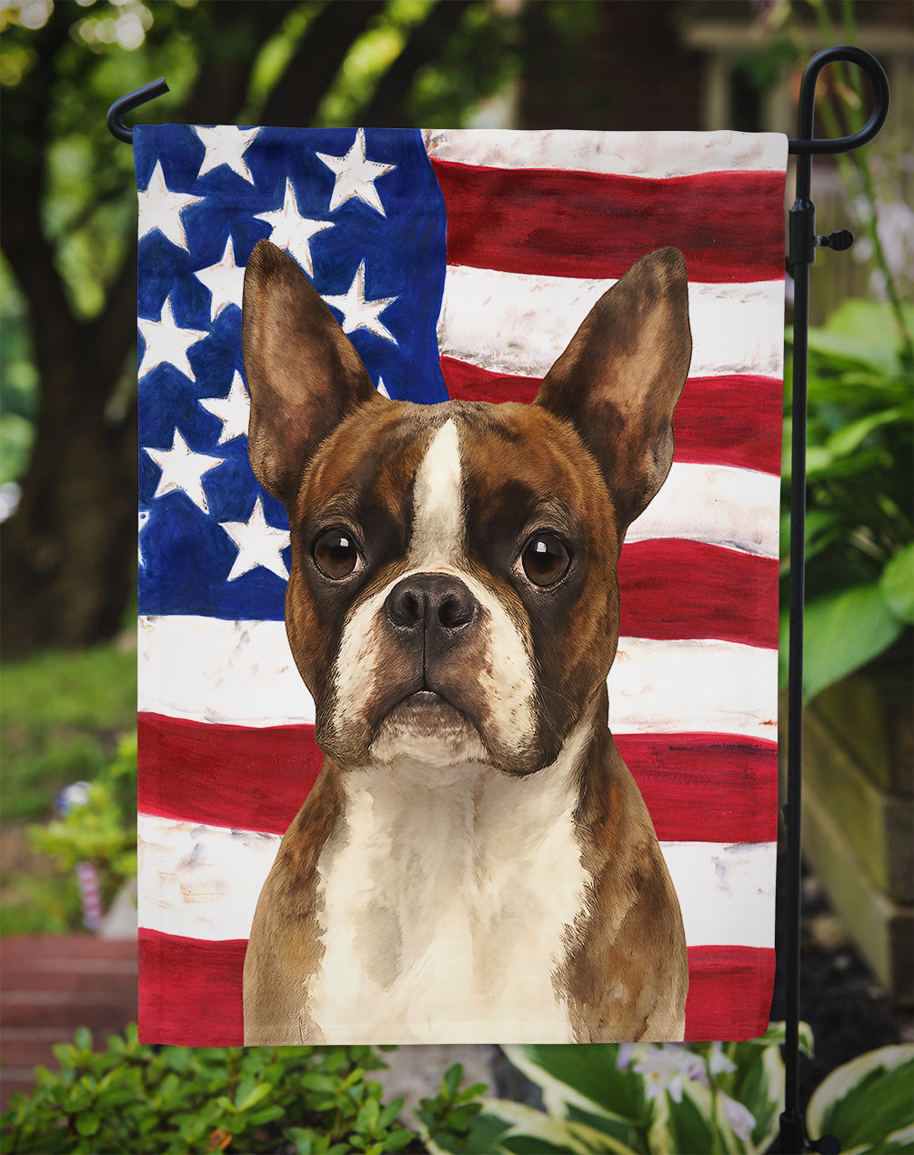 Brindle and White Boston Terrier American Flag Garden Flag